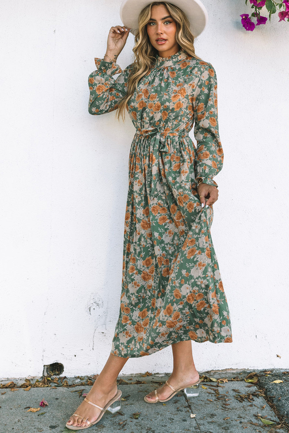 Green Floral Pleated Dress