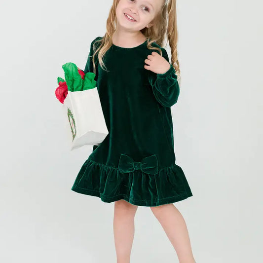 Girls Hunter Green Velvet Dress