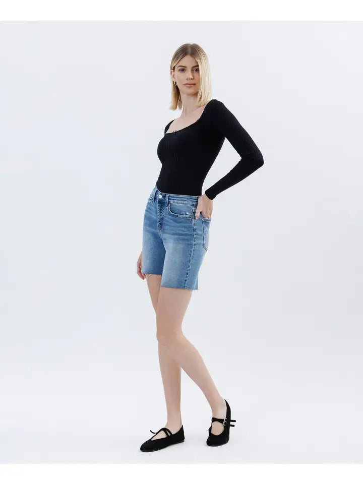 Ambition High Rise Raw Hem Vervet Bermuda Shorts