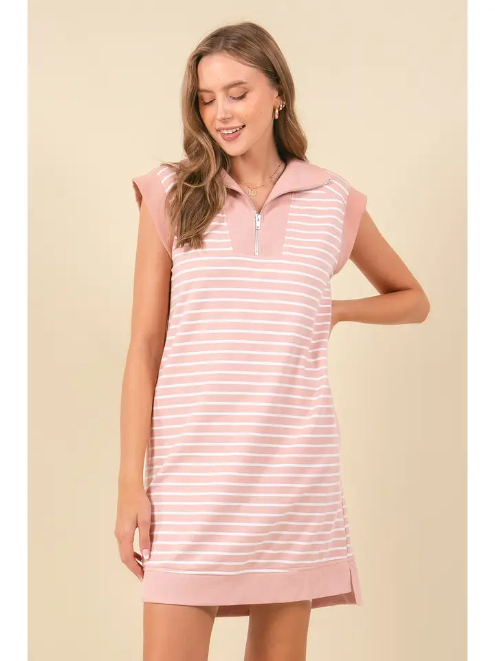 Kaylee Striped Mini Dress with Pockets - Dusty Pink