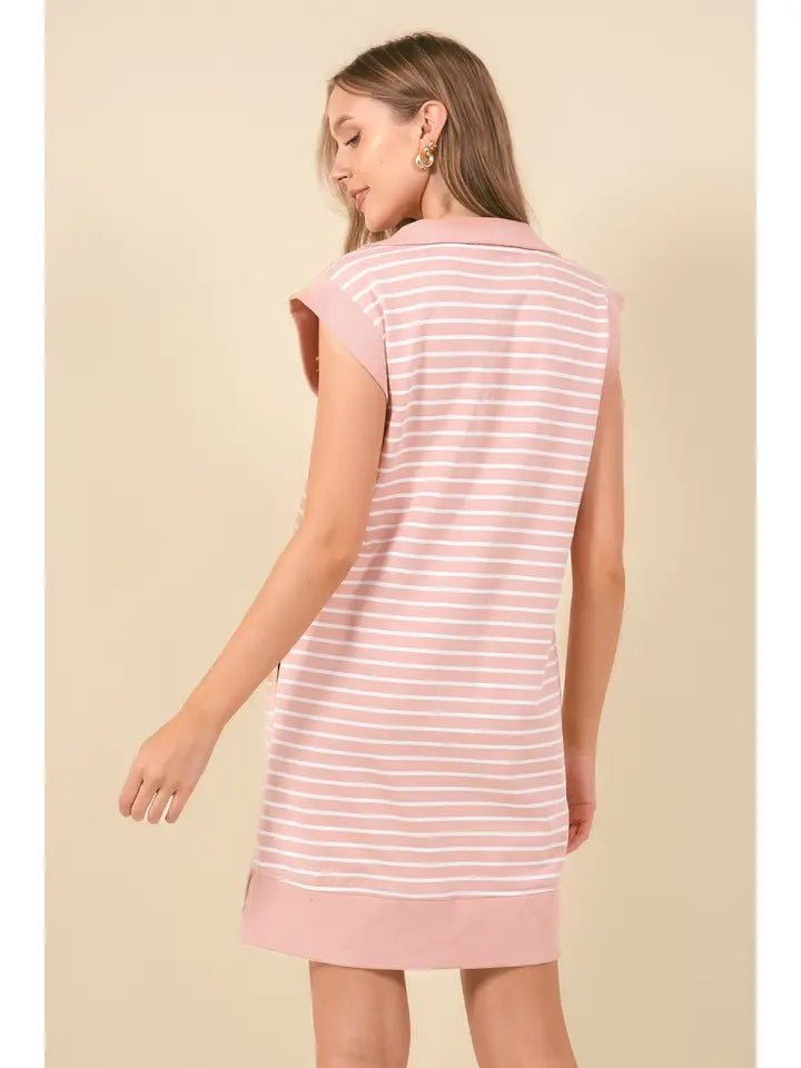 Kaylee Striped Mini Dress with Pockets - Dusty Pink
