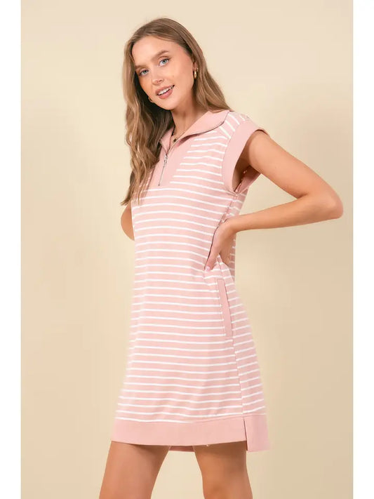 Kaylee Striped Mini Dress with Pockets - Dusty Pink