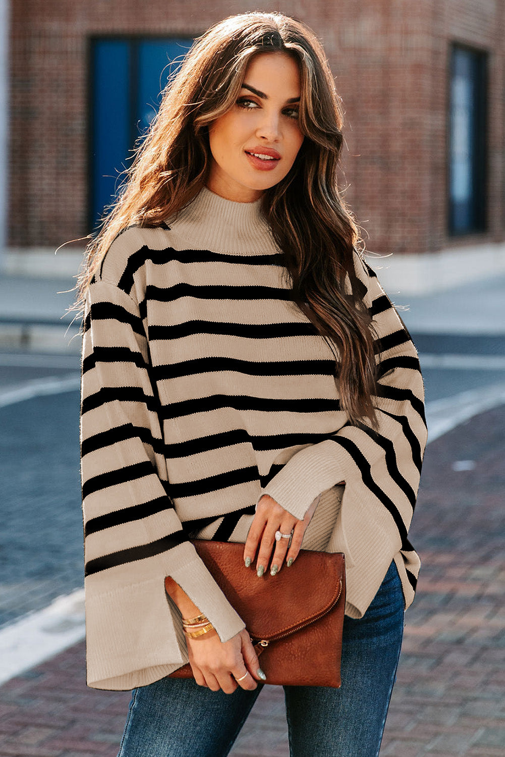 Khaki Striped Bell Sleeve Sweater