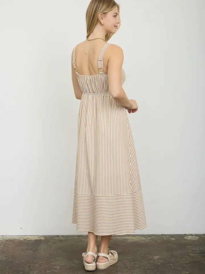 Belle Striped Button Midi Dress - Khaki