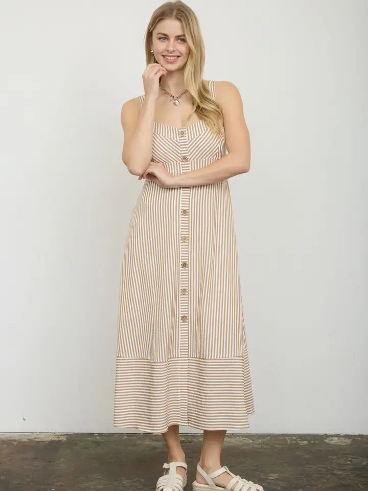 Belle Striped Button Midi Dress - Khaki