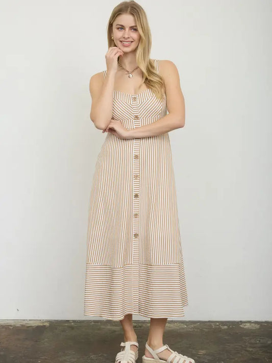 Belle Striped Button Midi Dress - Khaki