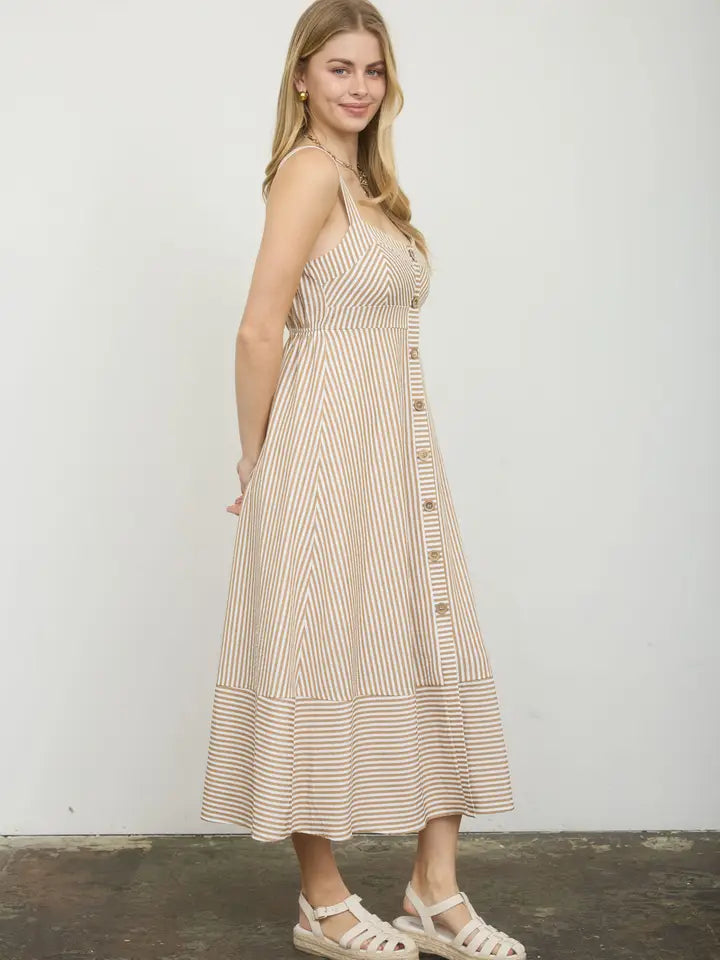 Belle Striped Button Midi Dress - Khaki