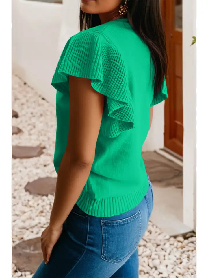 Layla Ribbed Trim Sweater Top - Green