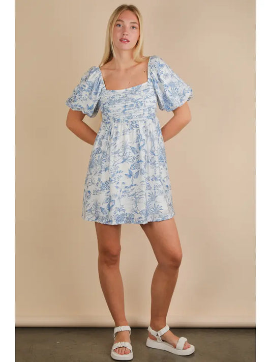 Maria Printed Puff Sleeve Mini Dress - Blue