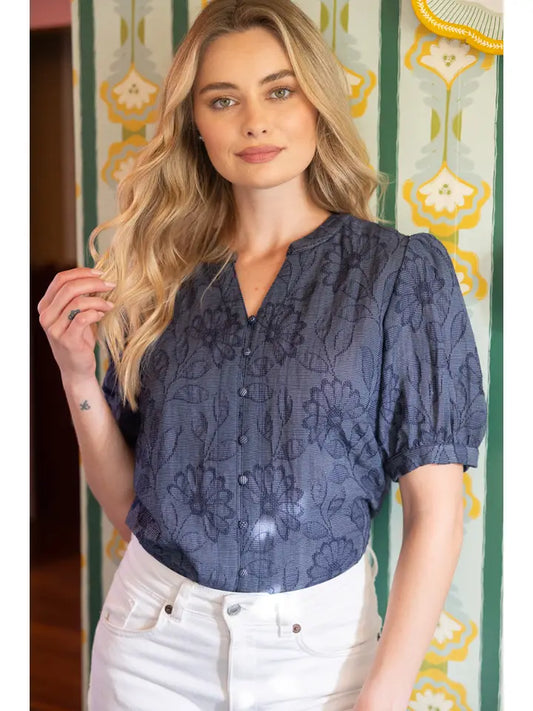 Navy Floral Textured Top