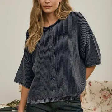 Navy Washed Ribbed Cardigan Sweater