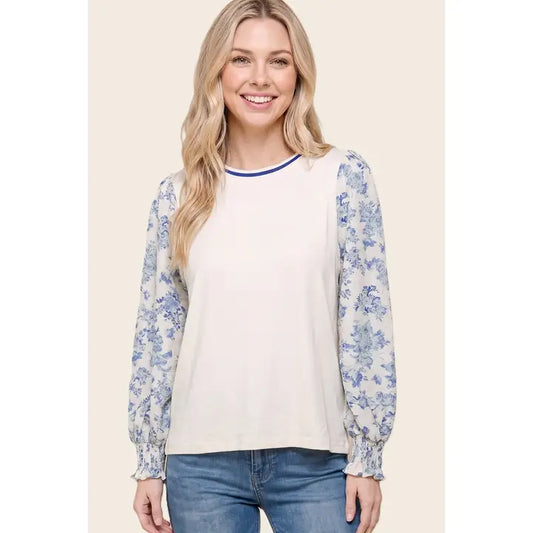 Night Out Floral Top - Ivory/Blue