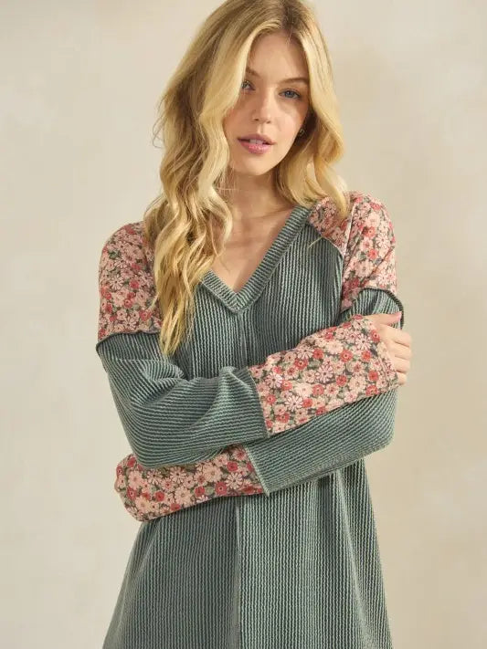 Floral Contrast Ribbed Top - Vintage Olive