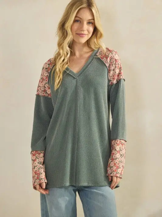 Floral Contrast Ribbed Top - Vintage Olive