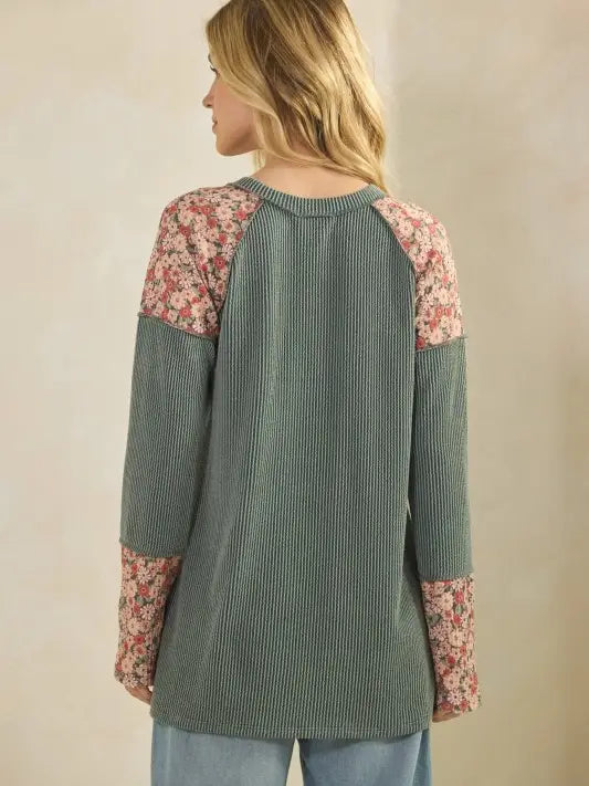 Floral Contrast Ribbed Top - Vintage Olive