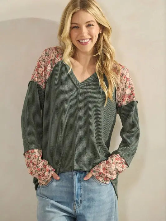 Floral Contrast Ribbed Top - Vintage Olive