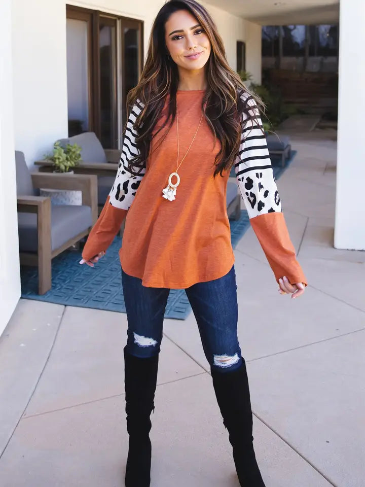 Orange Animal Print Stripe Top