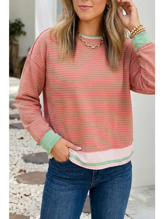 Hannah Round Neck Top - Pink/Teal Striped
