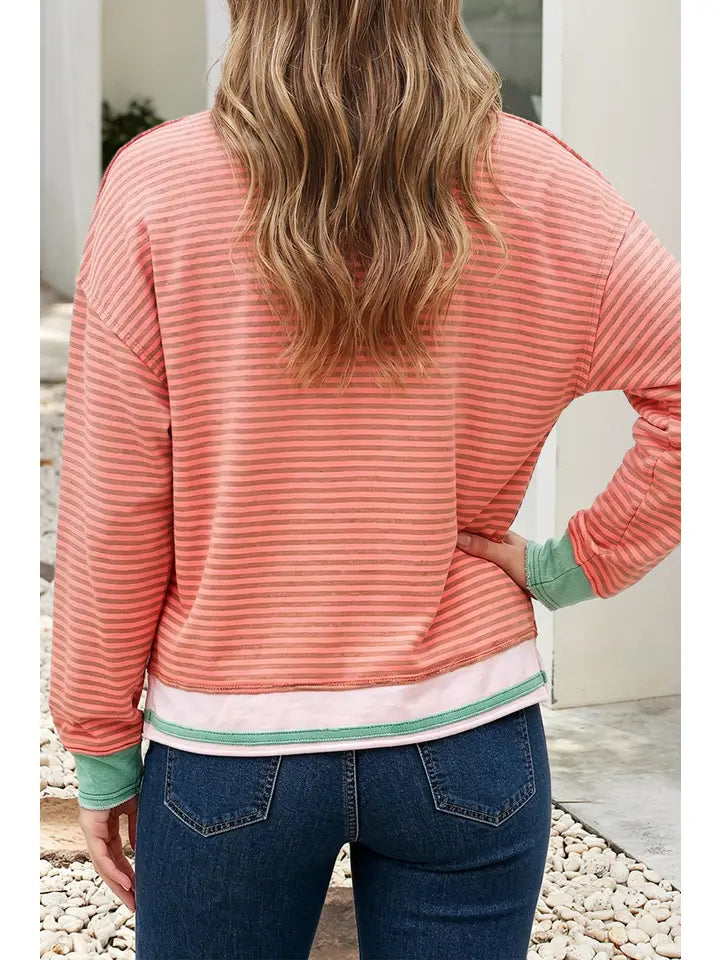 Hannah Round Neck Top - Pink/Teal Striped
