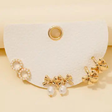 Pearl and Ribbon Mixed Earring Set
