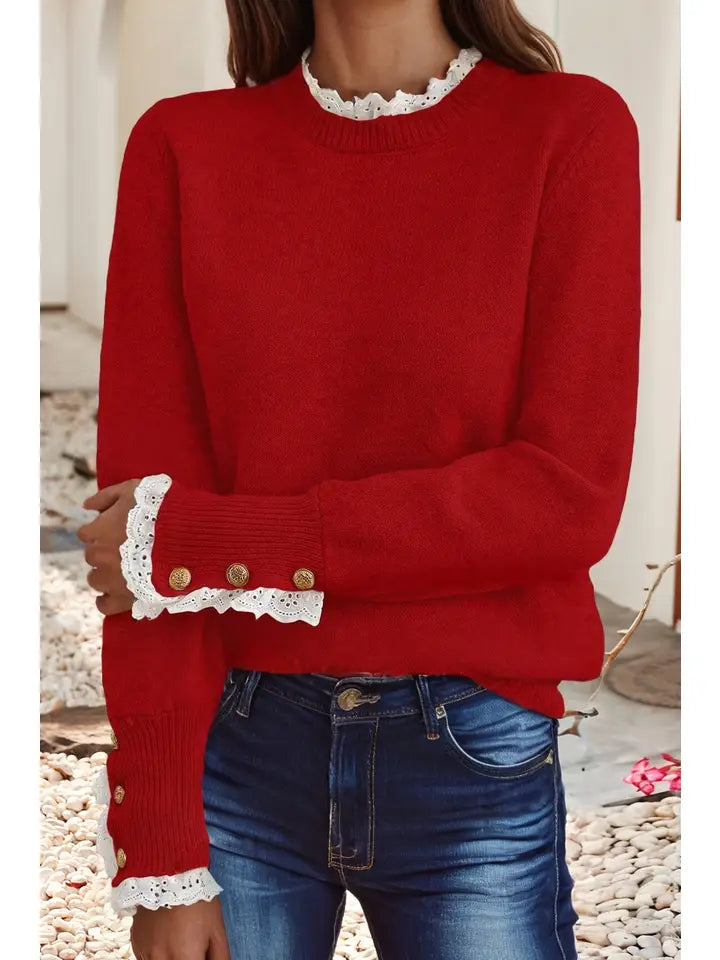 Red Patchwork Button Light Weight Sweater