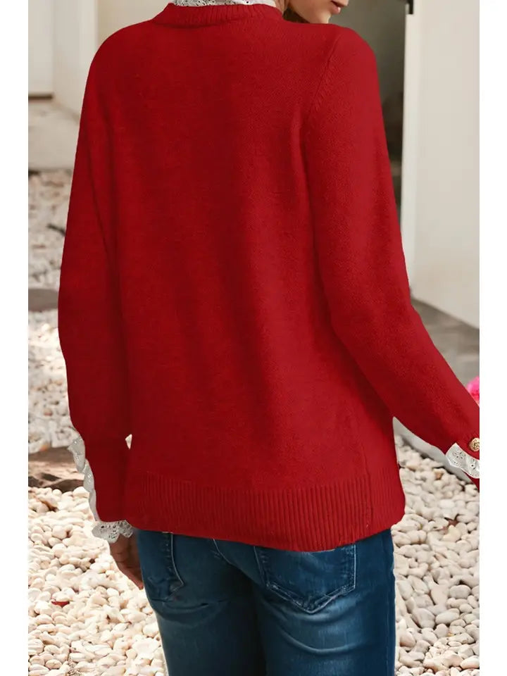Red Patchwork Button Light Weight Sweater