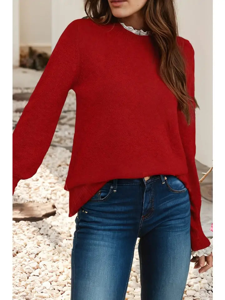Red Patchwork Button Light Weight Sweater