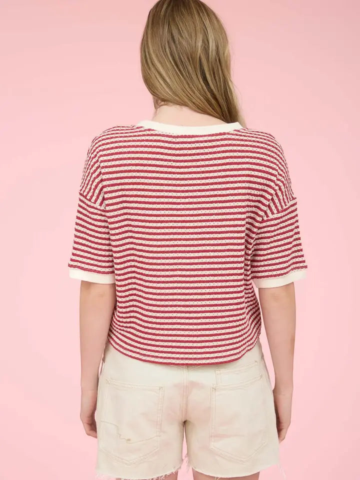 Striped Crop Thermal Knit Top - Red/Cream