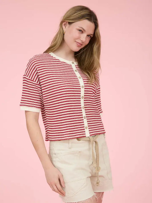 Striped Crop Thermal Knit Top - Red/Cream