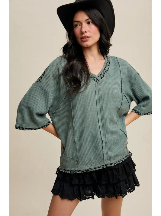 Sage Waffle Knit Leopard Top