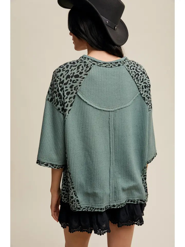 Sage Waffle Knit Leopard Top