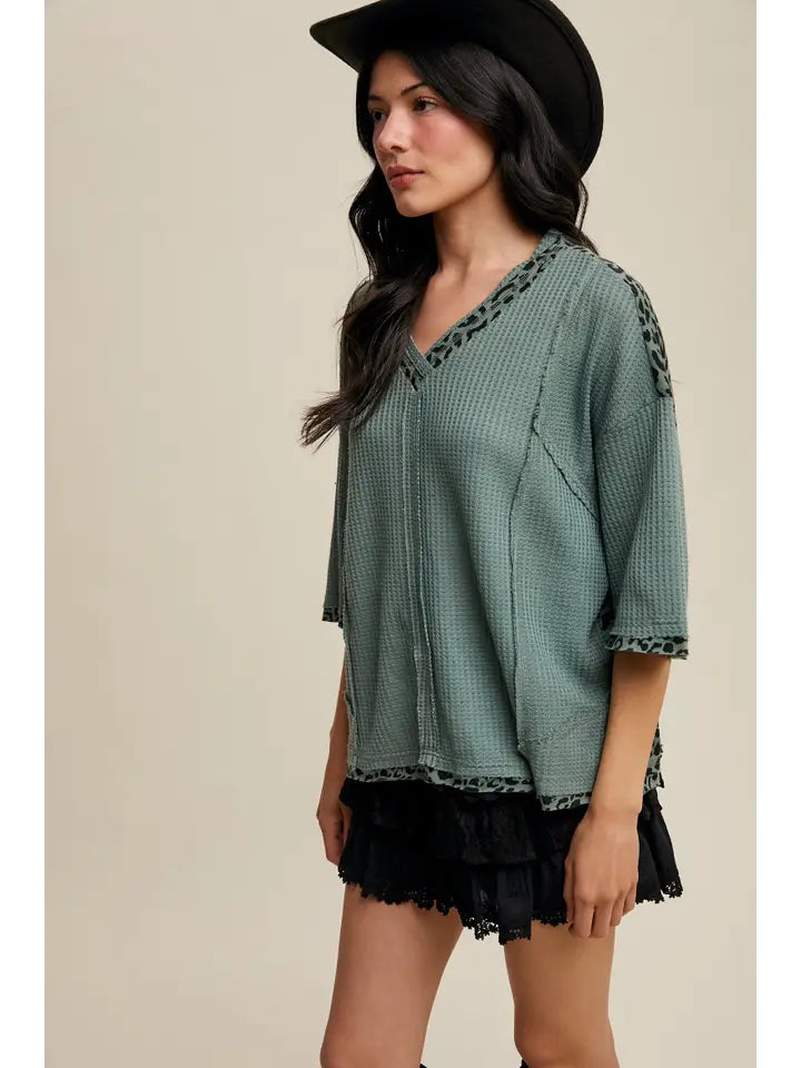 Sage Waffle Knit Leopard Top