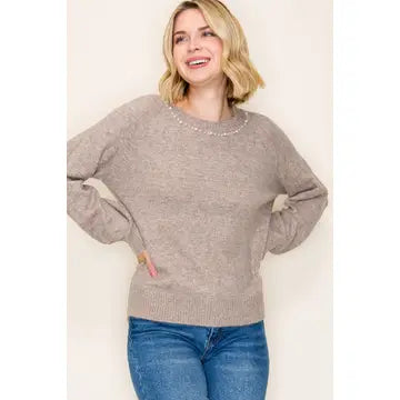 Pearl Trimmed Sweater - Taupe