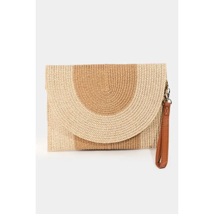 Taupe Two Tone Straw Clutch Bag
