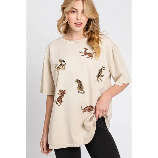 Tiger Allover Oversized Graphic Tee - Mineral Oatmeal