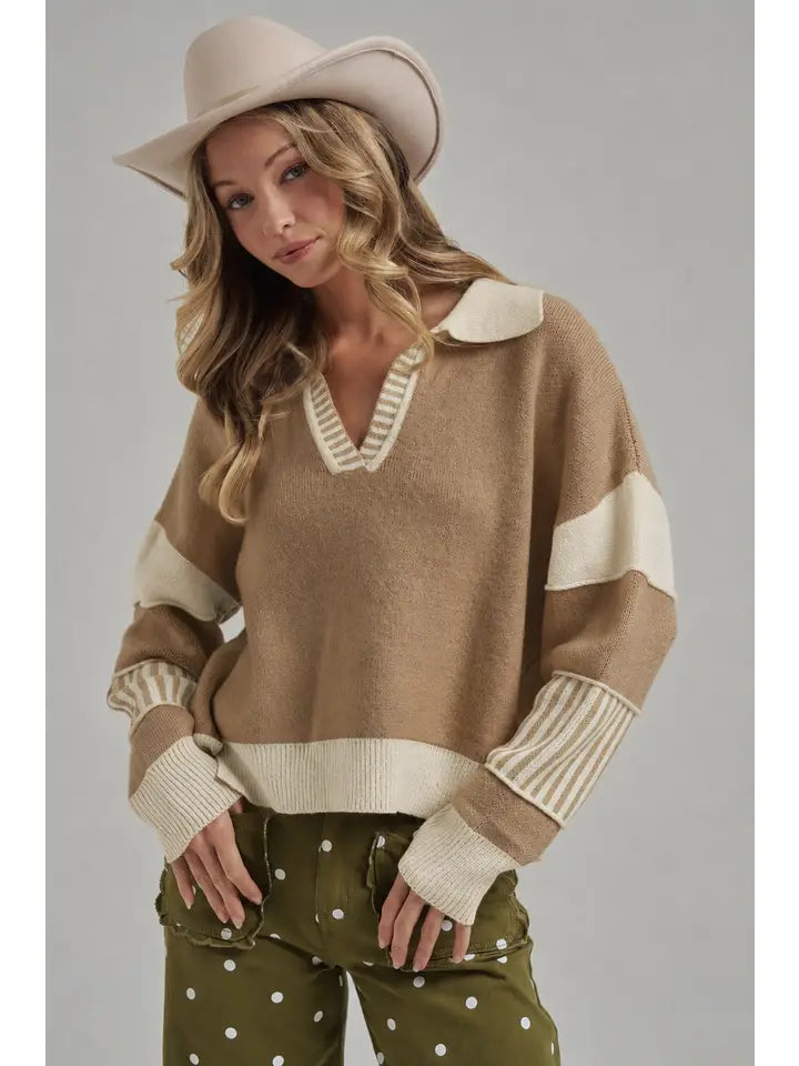Western Cozy Loose Fit Sweater - Taupe/Cream