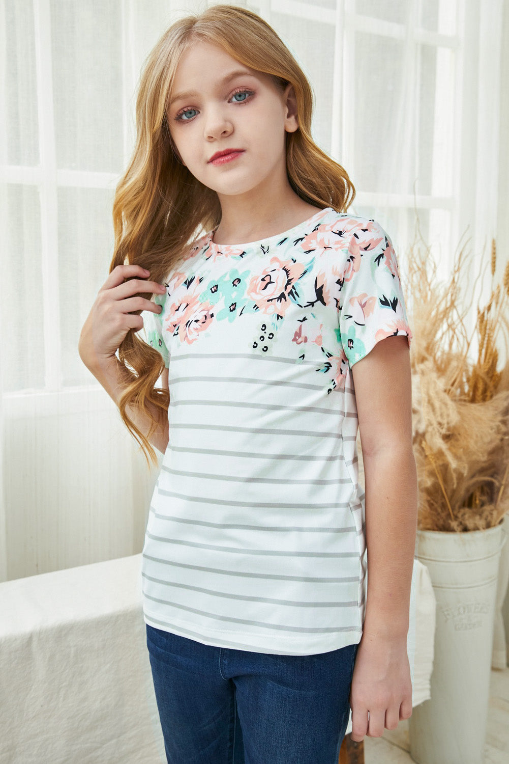 Girls Floral Striped Tee