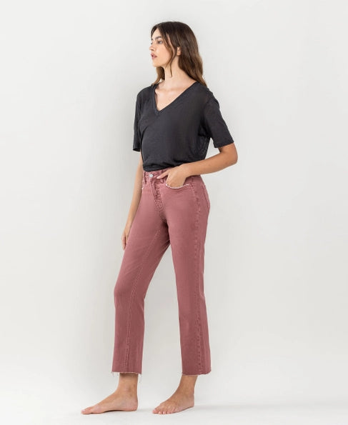 Leah High Rise Raw Hem Crop Straight Vervet Jean - Wine