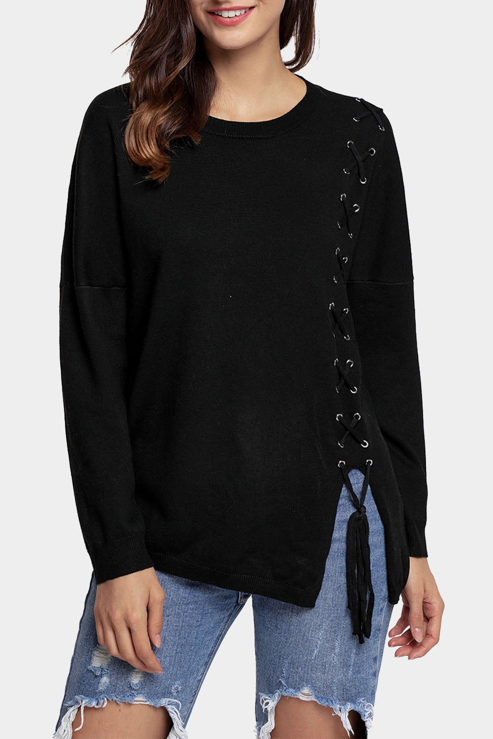 Black Lace up Sweater