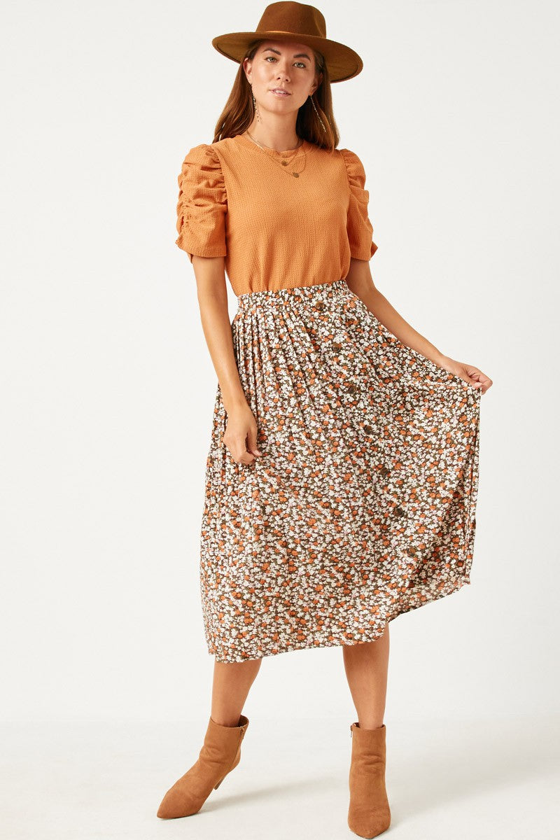 Orange Button Down Floral Skirt