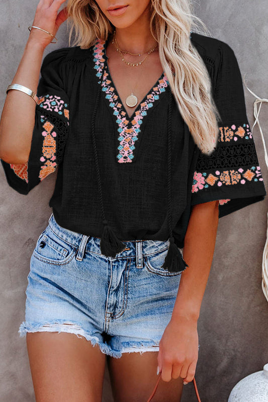 Black Embroidered V Neck Top