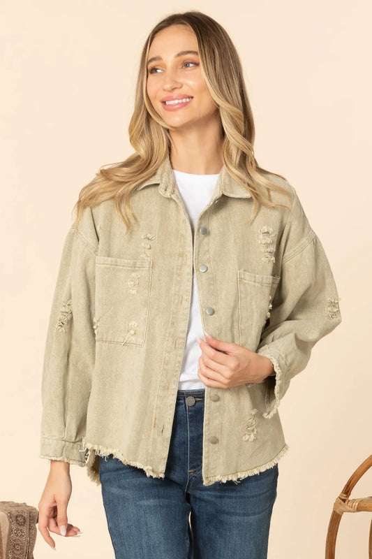 Distressed Denim Jacket -- Avocado