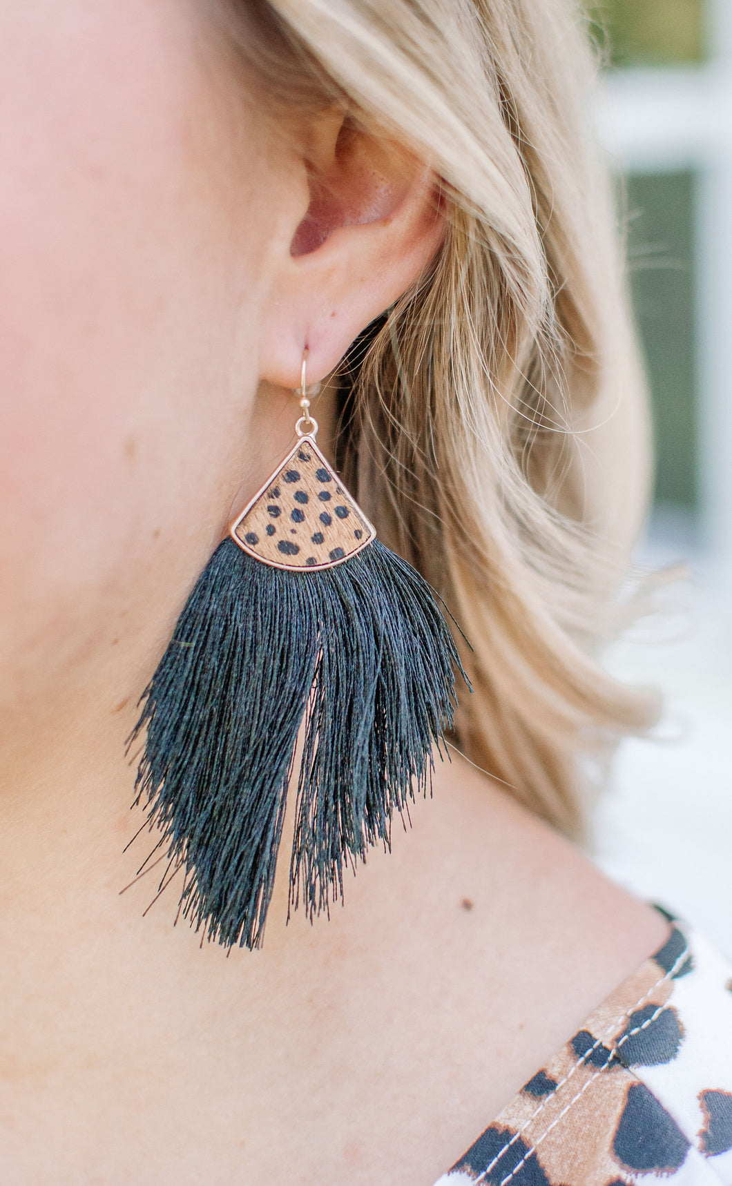 Cheetah Print with Black Feather Tassel Earrings