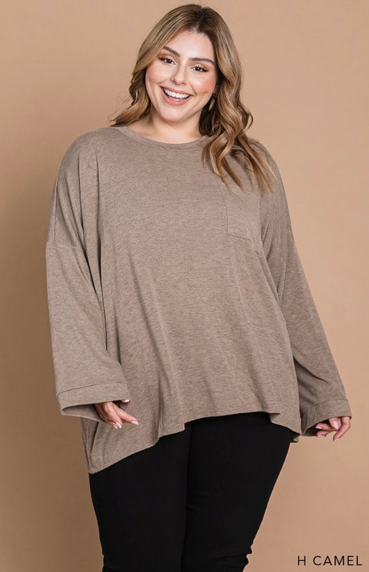 Curvy Camel Front Pocket Long Sleeve