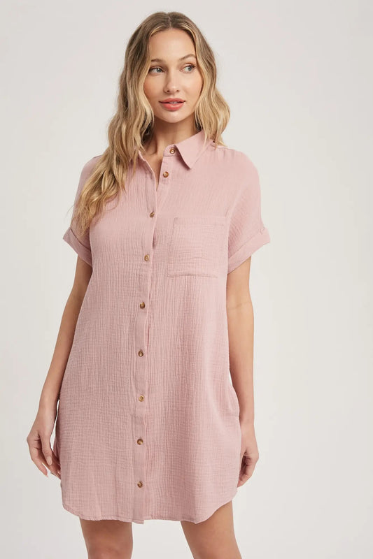 Dusty Pink Button Up Shirt Dress