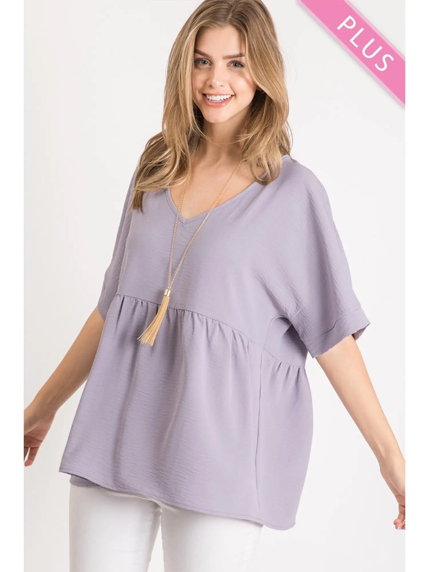 Lavender V Neck Babydoll Top Curvy