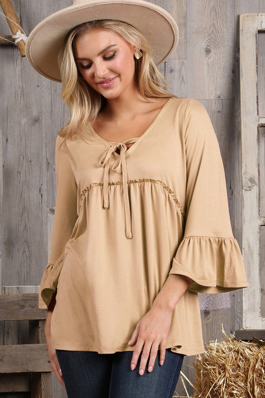 Camel 3/4 Sleeve Detailed Top