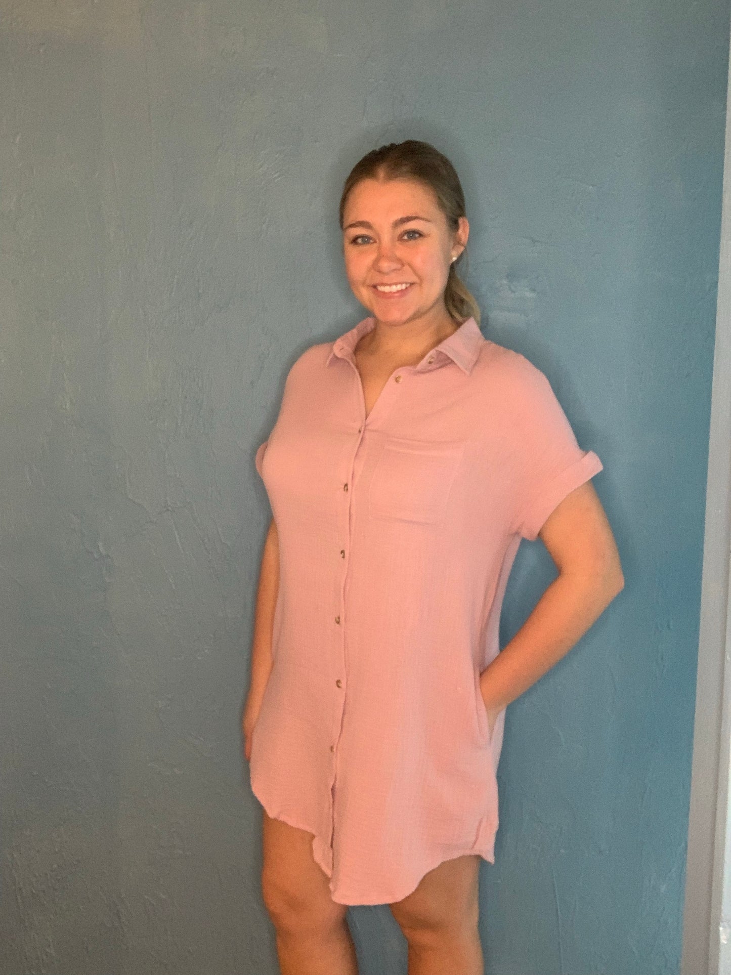 Dusty Pink Button Up Shirt Dress