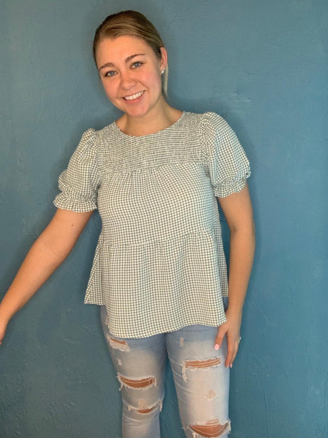 Green Gingham Woven Top