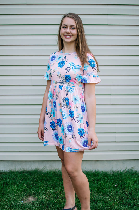 Pink Ruffled Short Sleeve Floral Dress